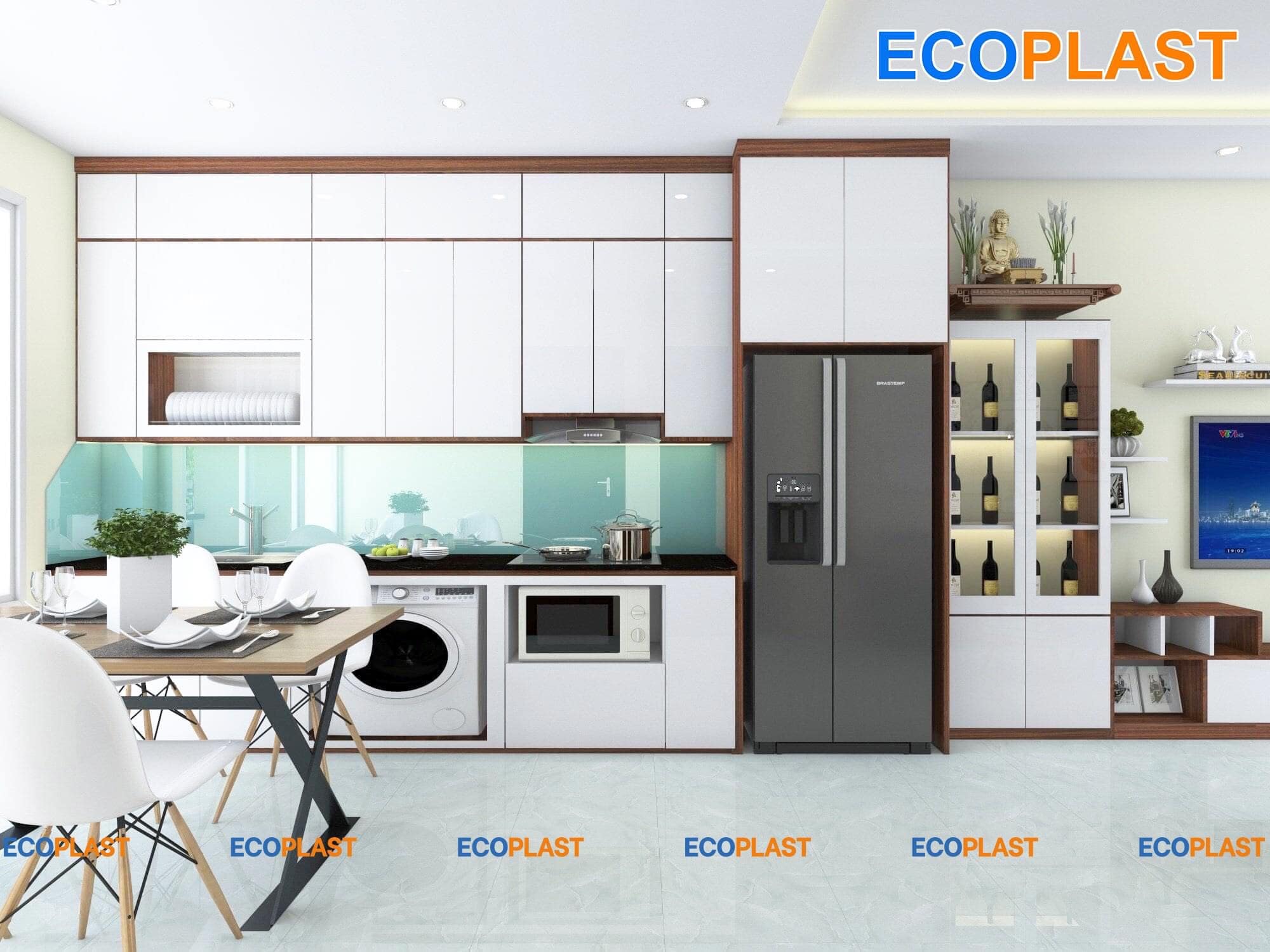 Tủ bếp nhựa Ecoplast: Tủ bếp nhựa Ecoplast được thiết kế với chất liệu nhựa cao cấp, an toàn cho sức khỏe và đặc biệt thông minh, giúp bạn tiết kiệm không gian, tạo nên một không gian bếp đẹp và tiện nghi. Sản phẩm bền với môi trường, không phát ra bất kỳ chất độc hại nào, đảm bảo sức khoẻ cho cả gia đình bạn. Hãy đến và sở hữu ngay một tủ bếp nhựa Ecoplast cho ngôi nhà của bạn.