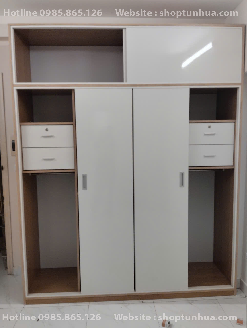 tủ nhựa 4 cánh lùa khung vân gỗ cánh trắng